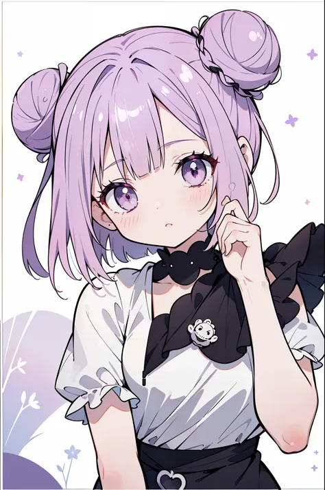 1 girl in、top-quality、masutepiece、light purple hair、bob cuts、((two buns on the side of the head))、reddish-purple eyes、delicate e...