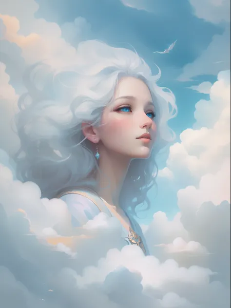 A beautiful artwork illustration, beautiful fantasy art portrait，Girl in the clouds in the sky，sitted，Beautiful facial features，pale blue color eyes，((Reach out and touch the clouds，))Fluffy clouds，Guviz-style artwork, White cloud hair, Beautiful digital i...