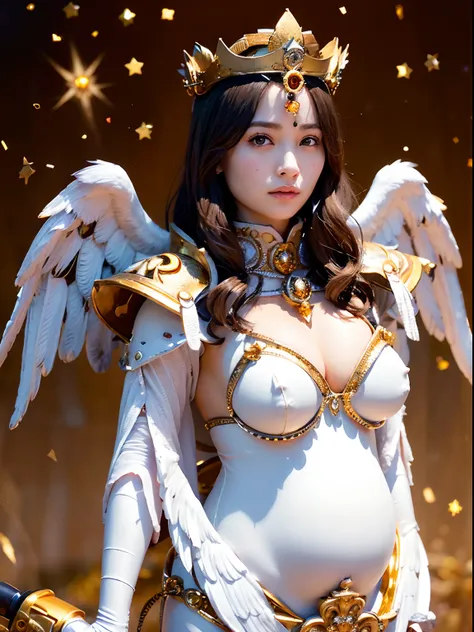 （Pregnant）、Professional , ​masterpiece、top-quality、photos realistic , depth of fields 、(A dark-haired) 、（Gemstone White Metal Body:1.4),(Matte White、（Angel wings grow）、Jewel Gold Weapon（Jewel Metal Body:1.４),Gorgeous metal weapons ,（（ Detailed and gorgeous...