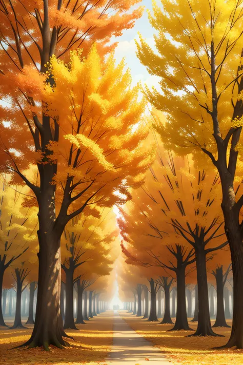 Autumn Scene, A combination of trees and yellow leaves, golden and fiery leaves falling from the tree, Realistic banner