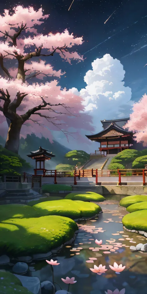 ((best quality)), ((masterpiece)), oil painting, (long unevenly placed white stones road between Japanese gardens full of Sakura trees in blossom with many small petals in the air and on the ground:1.1), with small wooden fence on both sides of road, going...