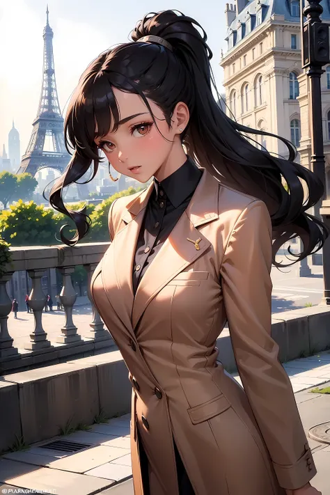 (((Masterpiece))), a top influencer woman, top quality, super detailed, cute and playful, classic blazer dress, tan skin tone, long curly black hair in high ponytail, Paris city background