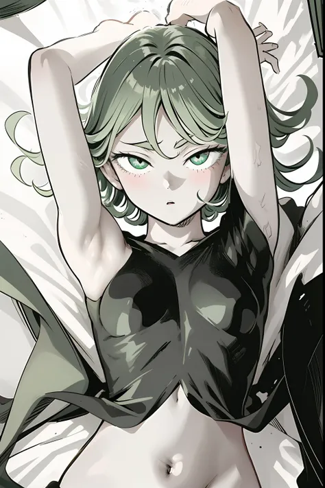 masterpiece, best quality, 1girl, solo, breasts, looking_a t_viewer, blush, medium_breasts, full_body, lying, on _back, armpits, arms_up, covered_navel, bed _sheet,, bedroom background, long t-shirt, green hair, (tatsumaki: 1.7)