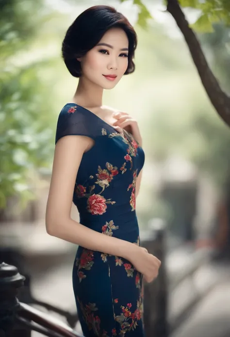 with short hair, cute elegant pose, Beautiful asian woman