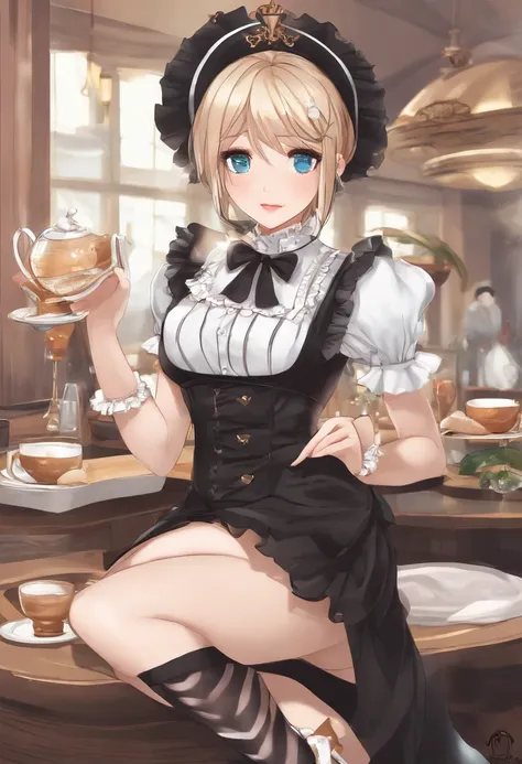 "hmmarnie, aqua eyes, hair adornments, Earrings, detailed jewellery, Vertical striped dress, Black apron, Short sleeves, Wrist cuffs, black thigh highs, Blush, Model appearance, Lift your skirt and scold your panties, Beverages are served, In a maid café s...