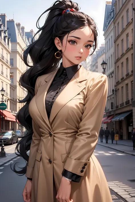 (((Masterpiece))), a top influencer woman, top quality, super detailed, cute and playful, classic blazer dress, tan skin tone, long curly black hair in high ponytail, Paris city background