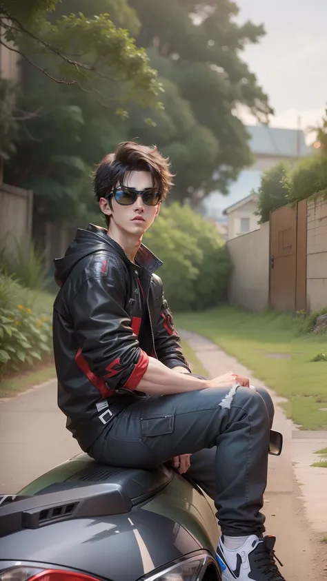 Change Background with supra , anime handsome boy , realistic face , 8k , realistic with goggles