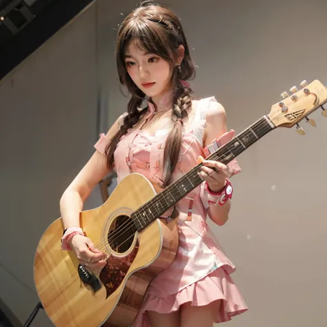 girl with a guitar and a pink dress, a girl with hairstyle like a star,