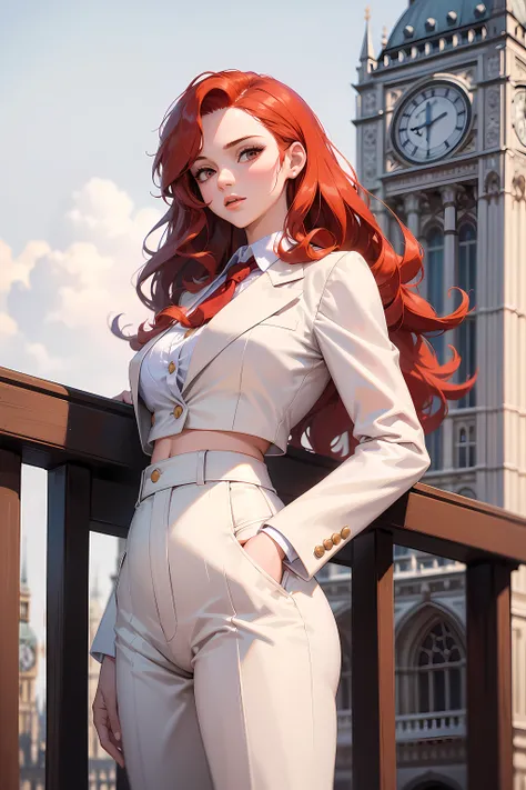 (((Masterpiece))), a top influencer woman, top quality, super detailed, sweet and sophisticated, classic style, fair skin, long curly red hair, white crop blazer, white, classic slacks, London city background