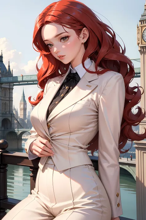 (((Masterpiece))), a top influencer woman, top quality, super detailed, sweet and sophisticated, classic style, fair skin, long curly red hair, white crop blazer, white, classic slacks, London city background