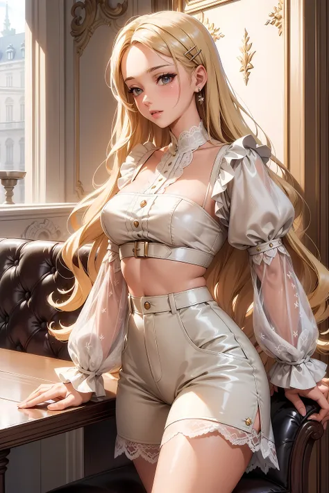 (((Masterpiece))), a top influencer woman, top quality, super detailed, sweet and sophisticated, classic style, fair skin, long curly blonde hair in hair clip, white lace crop top with puff sleeves, white high waist button up shorts, Paris cafe background