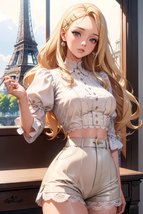 (((Masterpiece))), a top influencer woman, top quality, super detailed, sweet and sophisticated, classic style, fair skin, long curly blonde hair in hair clip, white lace crop top with puff sleeves, white high waist button up shorts, Paris cafe background