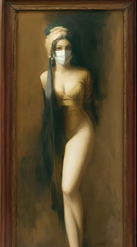 painting of a woman holding a mask and a mask in her hand