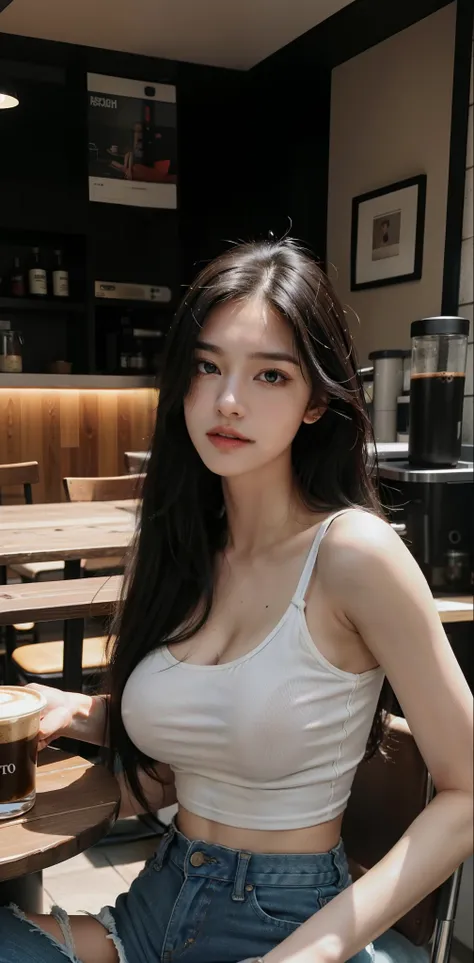 (realistic, very high resolution: 1.3), 1 girl with perfect figure, super thin face and eyes, black hair, long hair, big breasts, tank top: 1.2 in random colors, ripped jeans, in a coffee machine, tables and chairs in the background, perfect backdrop