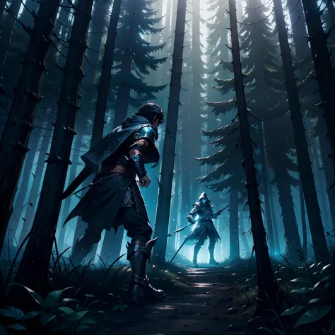 battle of a mage against a paladin, in the middle of the cursed forest, magic, RPG, 4k, epic battle, night, shades of black