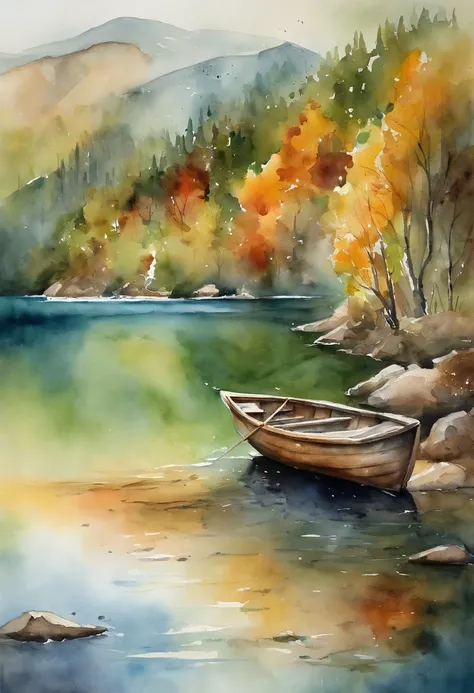 Fishing in a boat on the lake, There is a creek at the bottom of the mountain, mountain background,