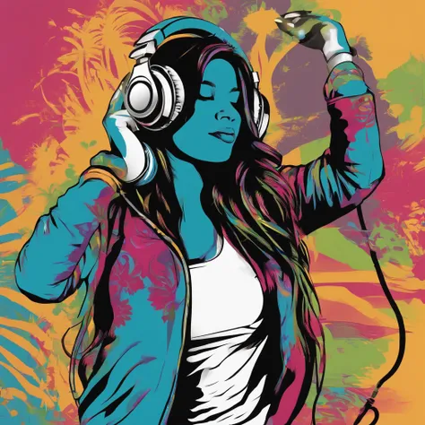 Ready-to-print vector T-shirt art Colorful graffiti illustration of a silhouette of a girl with headphones listening to music, Christian, flower elements, cor vibrante, Very high detail