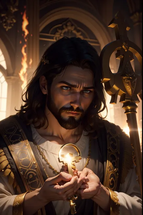 Jesus is the King, , Unreal 5, hyperrealistic, dynamic lighting, 
fantasy art, cinematic, cut off head, cut off hair, cut of hairstyle, cur crown, jesus holding a golden key in his hand, with fire in the key