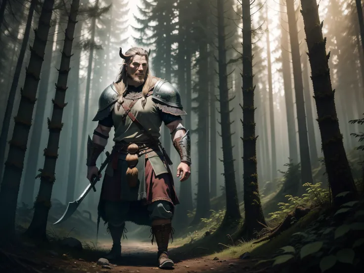 A Viking warrior man, full length, standing in the forest, bloody face, angry, ax in hand, searching, fantastic lighting, cinematic lighting, high quality