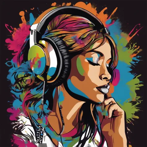 Ready-to-print vector T-shirt art Colorful graffiti illustration of a silhouette of a girl with headphones listening to music, Christian,  flower elements, cor vibrante, Very high detail , graffiti style