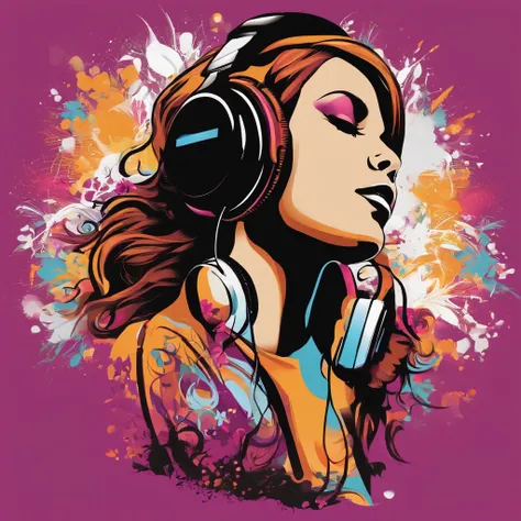 Ready-to-print vector T-shirt art Colorful graffiti illustration of a silhouette of a girl with headphones listening to music, Christian,  flower elements, cor vibrante, Very high detail , graffiti style