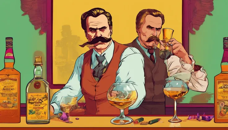 Nietzsche, philosopher Nietzsche, Nietzsche com um copo de Whisky, Nietzsche mafioso com um copo de Whisky, Mafia Nietzsche drinking a glass of liquor, Nietzsche em uma boate