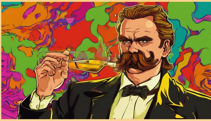 Nietzsche, philosopher Nietzsche, Nietzsche com um copo de Whisky, Nietzsche mafioso com um copo de Whisky, Mafia Nietzsche drinking a glass of liquor, Nietzsche em uma boate