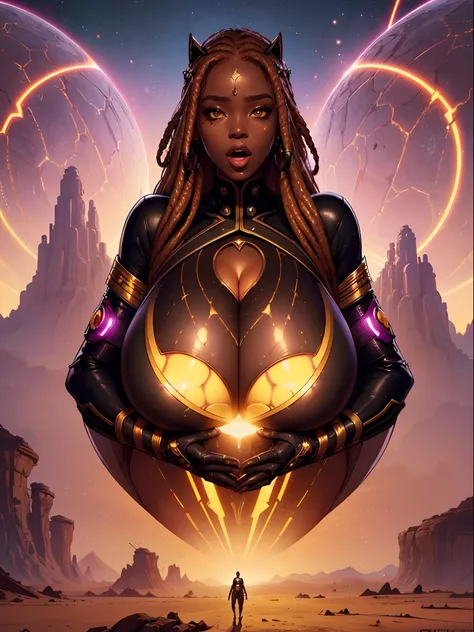 Woman in costume standing in desert, (((vulgarity))),Future Iwaba Young Woman, Beautiful futuristic himba woman, Futuristic Himba teenage girl, black African Woman Android, Beautiful Women of Warframe,(ecstasy face),((gasp)),embarrassed look, sexual excite...