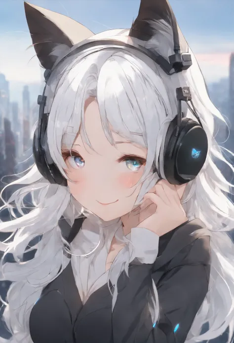 white hair, hair spread out, parted bangs, hairpin, heterochromia, cat ear headphones, smile, nose blush, Futurism, stereogram, cinematic lighting, UHD, high details, high quality, best quality, highres, masterpiece