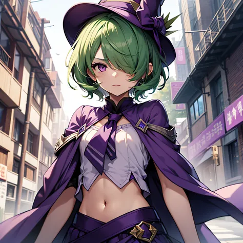 top-quality、extremely delicate and beautiful、(A teenage girl)、Purple Eye、Green hair、short-haired、(Purple pointy hat)、Purple tie、Soio、shortsleeves、Purple skirt、Purple Wizard Robe、Navel、is standing、（(Only one eye)）、（(Cuts on the face))