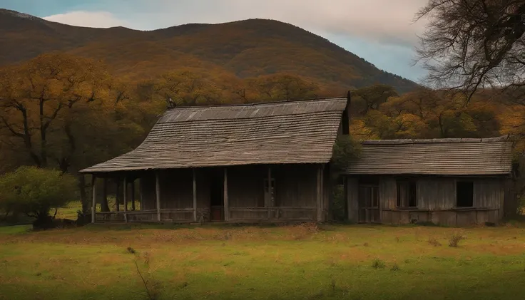 A small battered one-story farmhouse from a long time ago　Near the entrance　A small field in the garden of the house　Oak tree near the house　Mountains behind in the distance　天空　poor　countryside