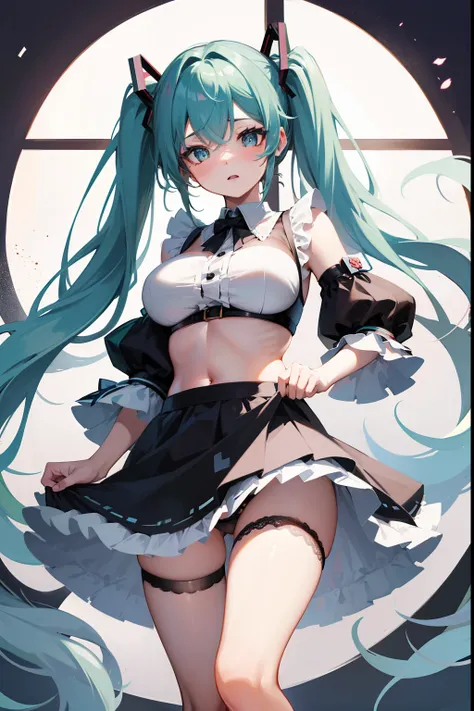 miku hatsune、top-quality、one girls、Cute Maid Clothes、(Black lace panties)、、very big boobs、Short cute skirt、The skirt is rolled up.、Pants are visible