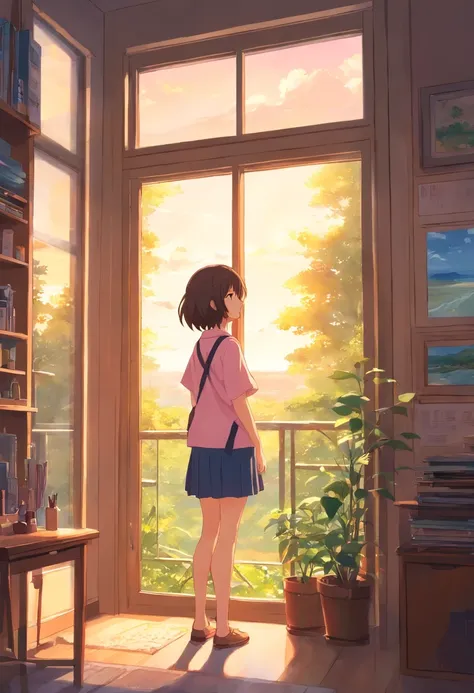 Create an illustration that represents a charming 2D anime scene: uma garota de 4 anos com cabelo rosa, Vista costeira, parada diante da janela de sua casa. Through the window, She observes an incredible landscape where several people display superpowers. ...