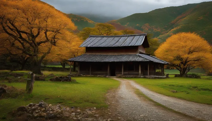 A small battered one-story farmhouse from a long time ago　Momotaros House　Near the entrance　Small field　Oak tree near the house　Mountains behind in the distance　天空　poor　countryside　poor