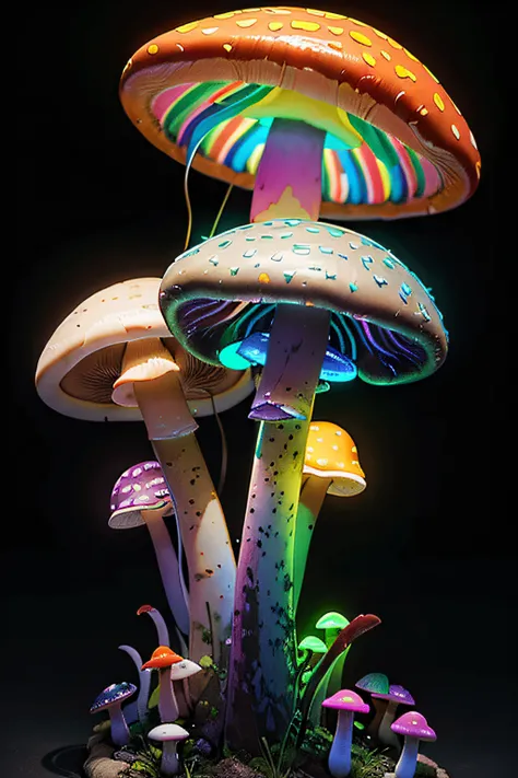 (​masterpiece、top-quality、top-quality、Beautifully Aesthetic:1.2)、(((Fantastic and colorful rainbow glowing neon mushrooms)))、ighly detailed、colourfull、highestdetailed