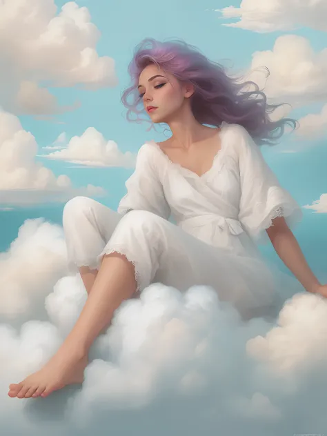 There was a woman sitting on a cloud in the sky, beuaty girl，cloud goddess, dreamlike illustration, girl clouds, lie on white clouds fairyland, White cloud hair, jen bartel, Clouds. fantasy, Dreamy clouds, concept-art ，dreamlike digital painting