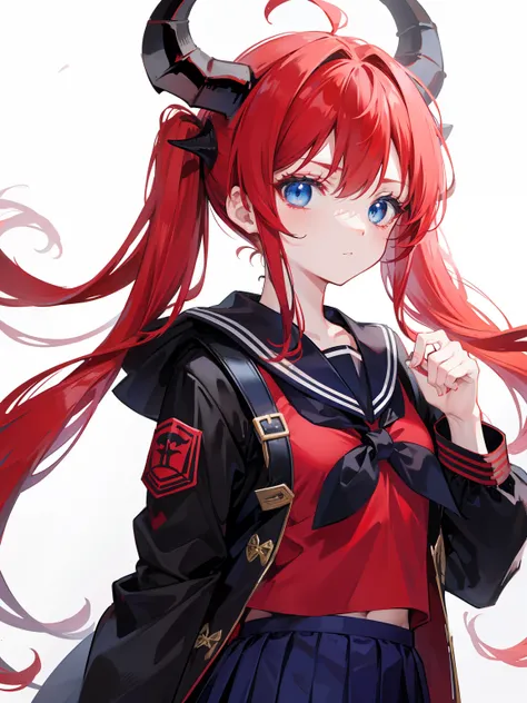 red hair, blue eyes, twintails, Sailor suit,black coat, Dragon horns,Pleated skirt,solo,bow