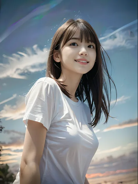 (One girl with slender small breasts and long hair with dull bangs in a white t-shirt:1.5)、(One girl looking up the sky with small smile :1.3)、(Low angle shot :1.5)、(Beautiful twilight sky:1.5)、(Perfect Anatomy:1.3)、(No mask:1.3)、(complete fingers:1.3)、Pho...