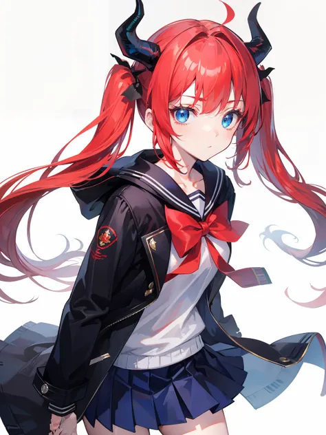 red hair, blue eyes, twintails, Sailor suit,black coat, Dragon horns,Pleated skirt,solo,bow