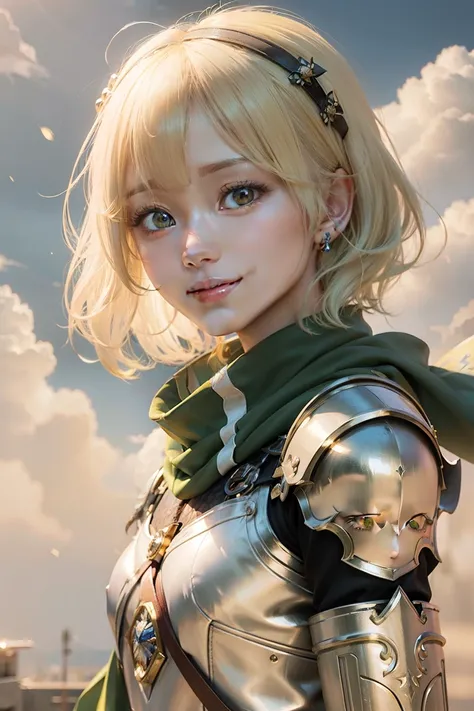 Smiling girl, short yellow hair, dressed as a royal knight, wearing a green scarf around her neck,cloudy sky background, Guardian Tales realistic anime 3d style, realistic yo ung anime girl, stunning anime face portrait, photor ealistic anime, anime realis...