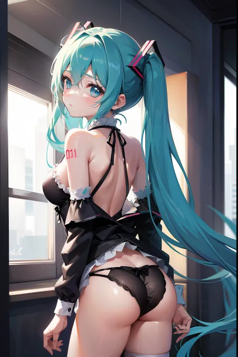 miku hatsune、top-quality、one girls、Cute maid clothes、Standing、(Black sexy underwear figure)、、Your butt is facing us、Looking at the back of the screen