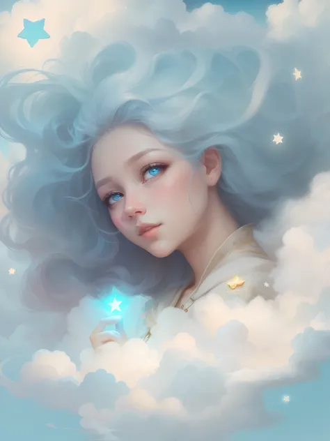 A beautiful artwork illustration, Beautiful girl lying lazily in the clouds，Girl in the clouds in the sky，sitted，Beautiful facial features，pale blue color eyes，((Holding a glowing little star in his hand))Fluffy clouds，Guviz-style artwork, White cloud hair...