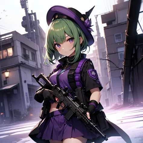 top-quality、extremely delicate and beautiful、(A teenage girl)、Purple Eye、Green hair、short-haired、(Purple pointy hat)、Purple tie、Soio、shortsleeves、Purple skirt、Navel,Tactical Vest、shortsleeves、Purple skirt、((Holding a submachine gun in both hands))、Midnight...