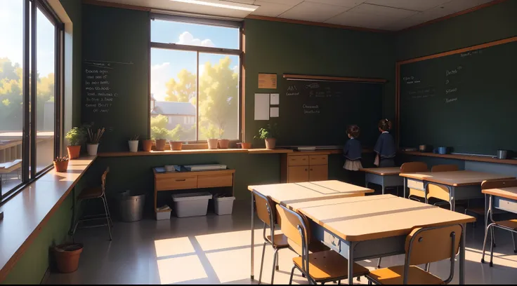 In a classroom inside a distance view, there are five children holding brooms, mops, rags, buckets, and chalkboard erasers.

(best quality,4k,8k,highres,masterpiece:1.2), ultra-detailed, (realistic,photorealistic,photo-realistic:1.37), vibrant colors, stud...