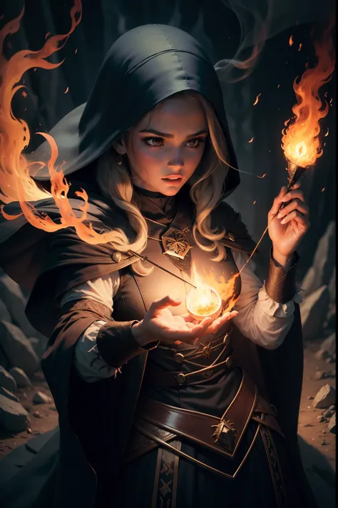 feiticeira de aspecto maligno  com um manto preto segurando um fogo brilhante, casting fire spell, casting a fire spell, casting a flame spell, fire spell, casting a protection spell, casting a powerful spell, Female mage conjuring a spell, flame conjuring...