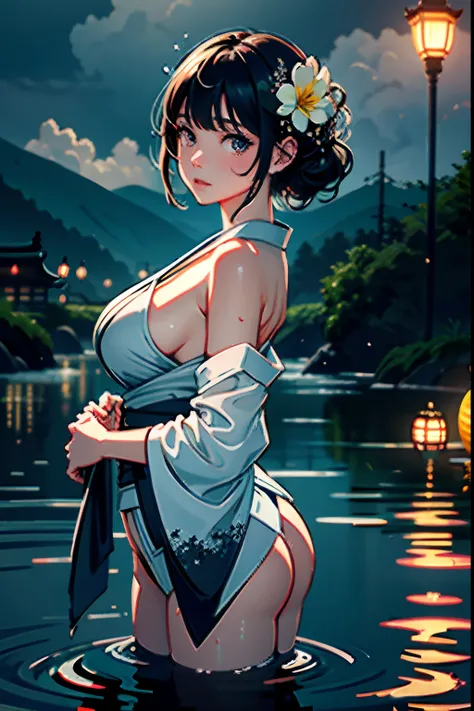 1girl, breasts, moon, lantern, night, solo, large breasts, hair ornament, wet, kimono, japanese clothes, wading, water, hair flower, flower, outdoors, sky, full moon, rain, black hair, off shoulder, mountain, cloud, holding, sash, bare shoulders, paper lan...