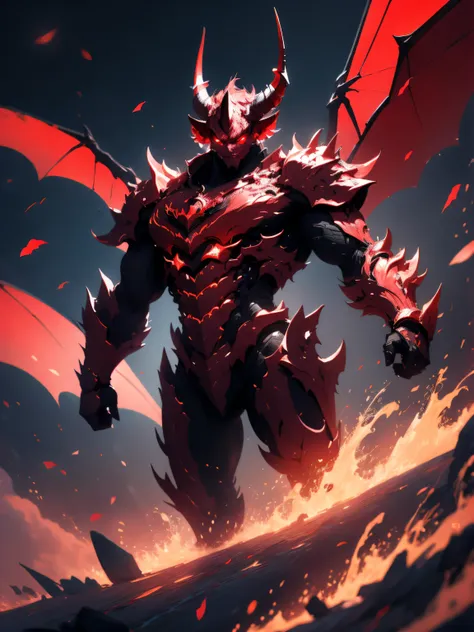 Horned demon with a crimson red wing falling from the sky, (best illustration), beautiful effects, vivid colors, super detailed, ray tracing, masterpiece, best quality, ultra quality, absurd details, (best light), (best shadow), sharp, sharp image, detaile...