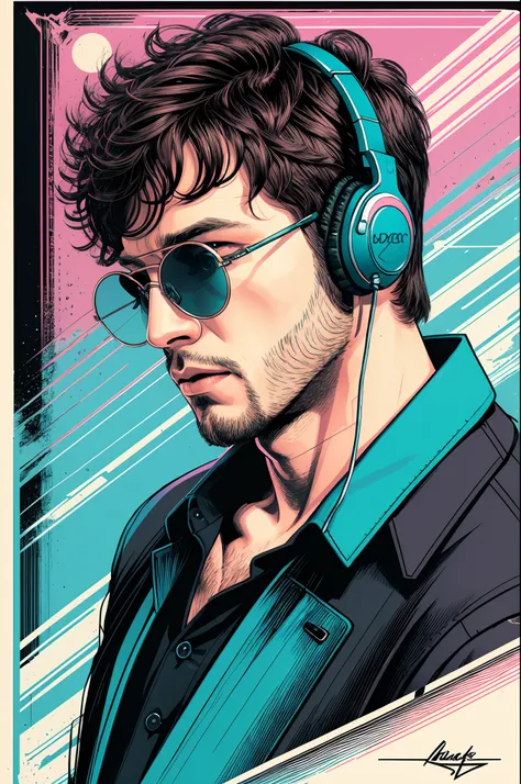 A handsome man with ,headset and  a black shirt and glasses,  in the style of aggressive digital illustration, blue and turquoise, 85 new wave, hyper-detailed illustrations, colorful moebius, pulled, scraped, and scratched, neo-pop iconography --auto --s2