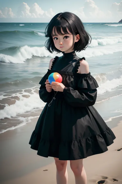 A young girl stands by the sea，Slightly shy，black color hair，Ball head，Holding a balloon in one hand，black color dress，The background is the waves，8k