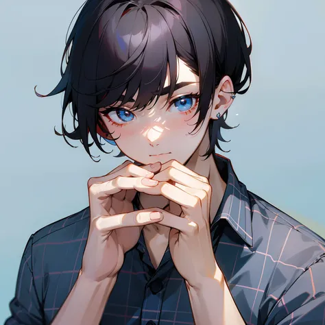 Single male、Sanpaku eyes、A dark-haired、shorth hair、Upbank、Bangs parted in the middle、male-centered、Hanging eyebrows、Sauce order、Light blue and blue checked shirt、Plaid、beautifull hands、References、simple earrings、年轻、simple background、Shape your hands、JINS